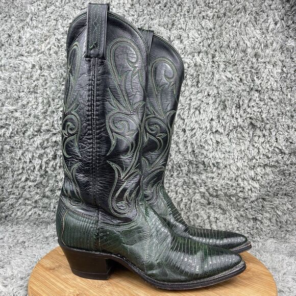 Dan Post Lizard Leather Cowboy Western Boots Women’s 6.5 M Black Green Rodeo - Picture 1 of 11